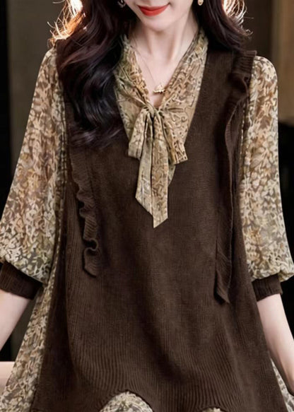 French Chocolate Lace Up Bow Print Patchwork Chiffon Blouses Fall