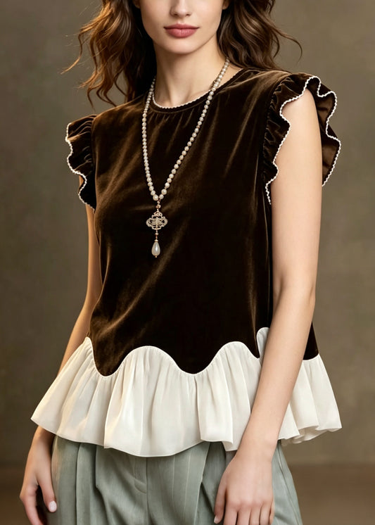 French Chocolate Ruffled Patchwork Silk Velour Tops Summer