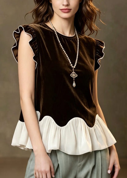 French Chocolate Ruffled Patchwork Silk Velour Tops Summer