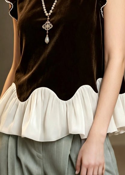 French Chocolate Ruffled Patchwork Silk Velour Tops Summer