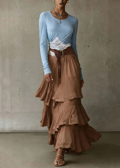 French Coffee Asymmetrical Ruffled Patchwork Chiffon Skirt Spring