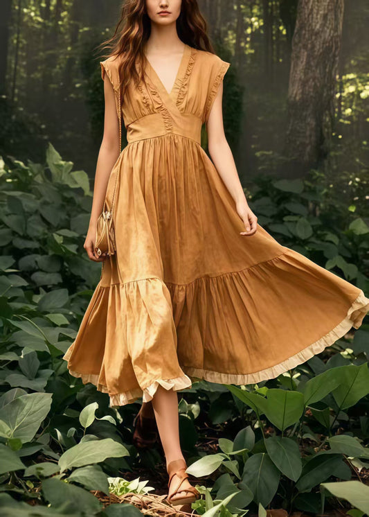 French Coffee Exra Large Hem Wrinkled Cotton Dresses Sleeveless