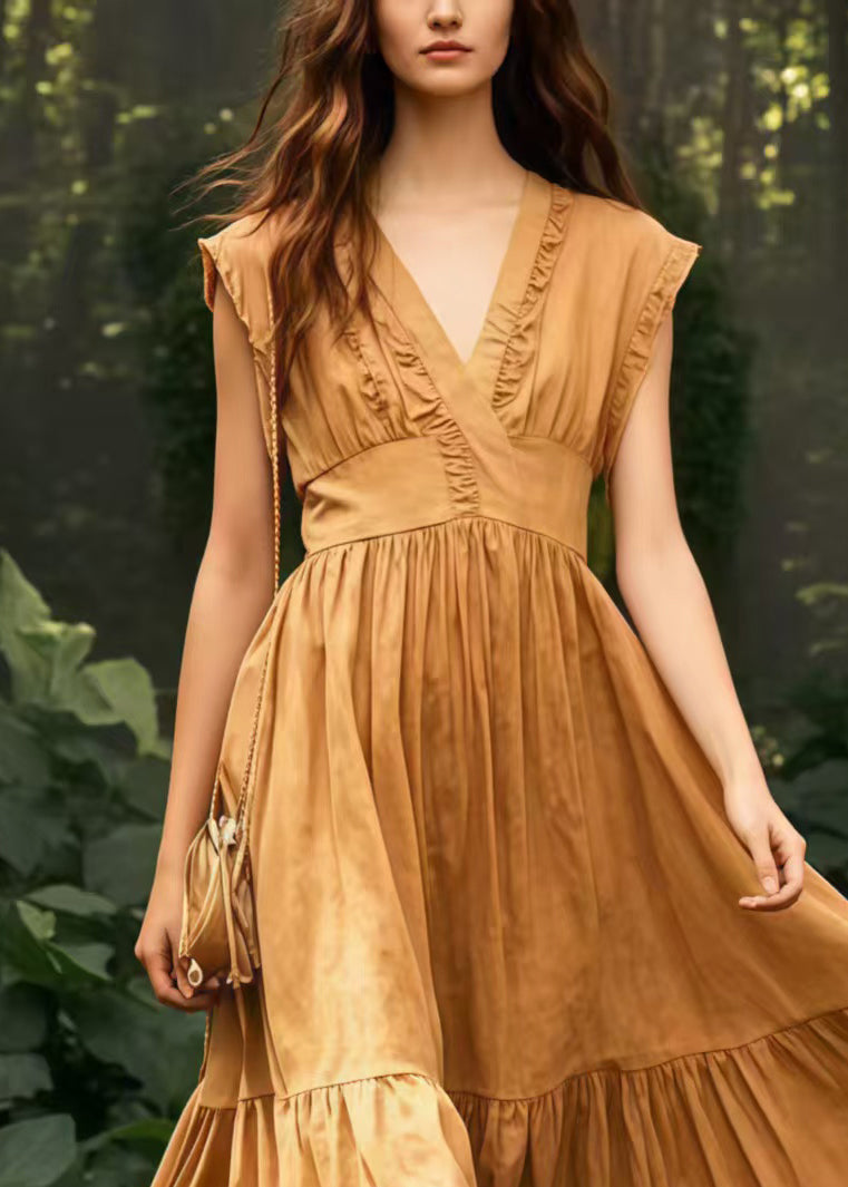 French Coffee Exra Large Hem Wrinkled Cotton Dresses Sleeveless