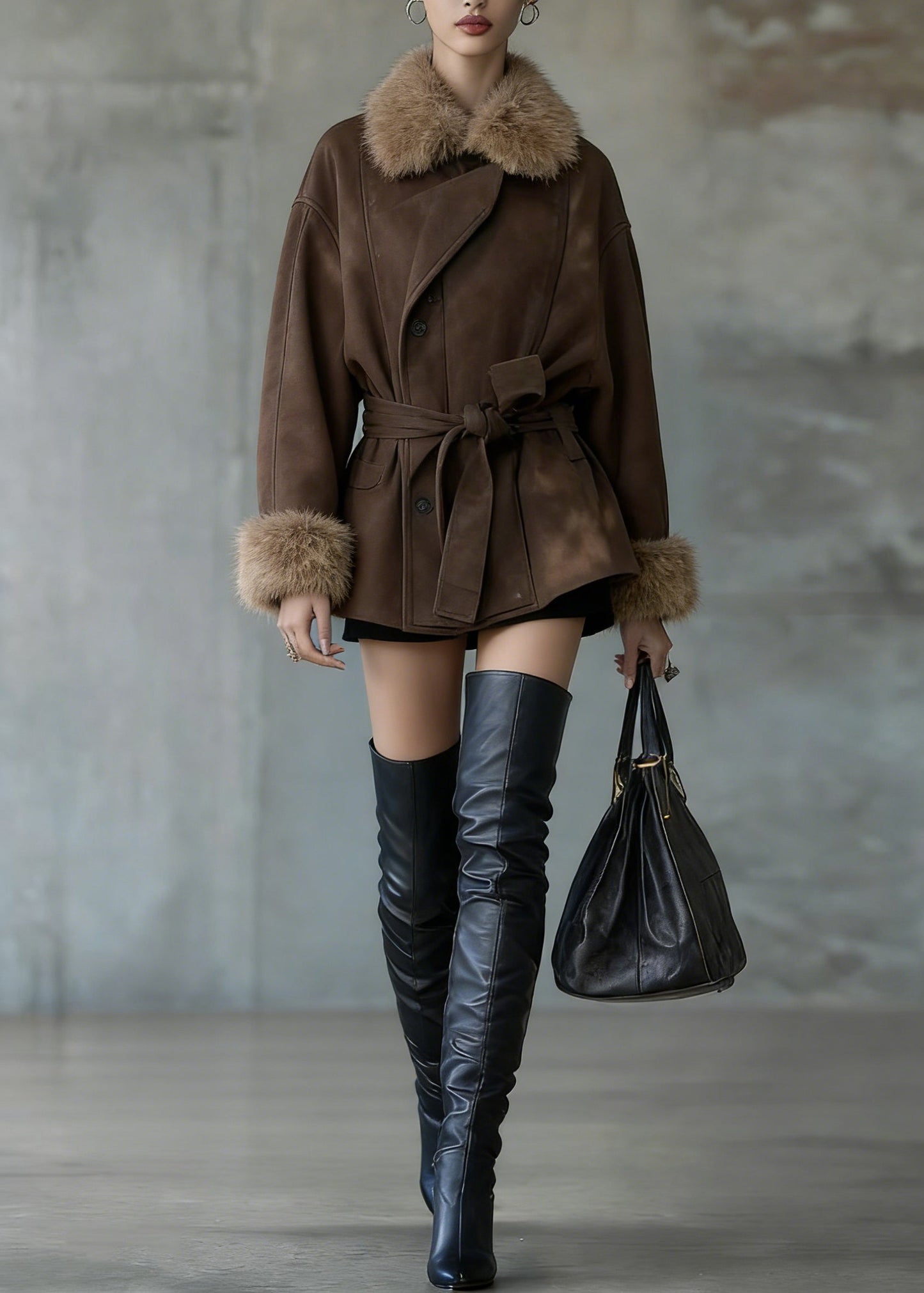French Coffee Fur Collar Tie Waist Patchwork Woolen Coat Spring