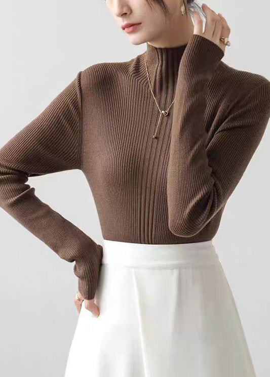French Coffee Hign Neck Slim Fit Knit Sweater Spring