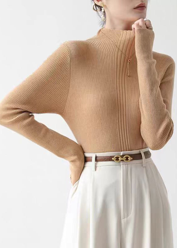 French Coffee Hign Neck Slim Fit Knit Sweater Spring