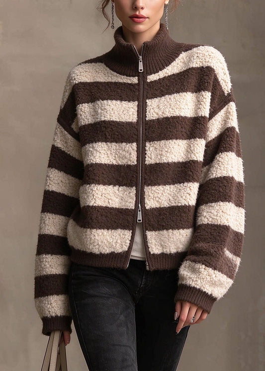 French Coffee Hign Neck Zippered Woolen Knitted Jacket Winter