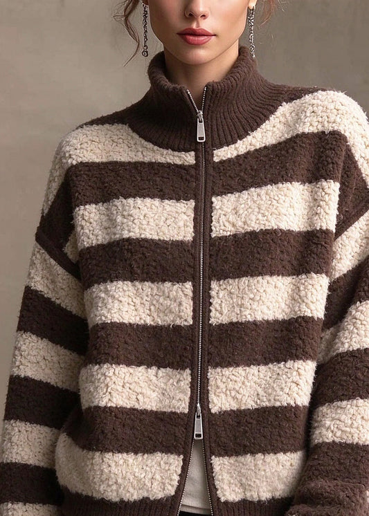 French Coffee Hign Neck Zippered Woolen Knitted Jacket Winter