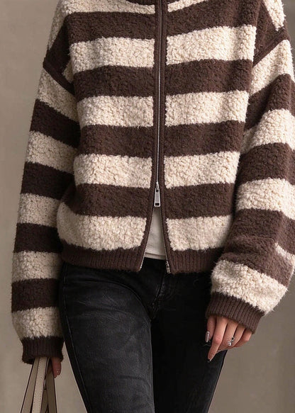French Coffee Hign Neck Zippered Woolen Knitted Jacket Winter