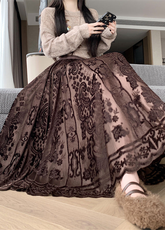 French Coffee Lace Elastic Waist Silk Velvet Skirts Winter