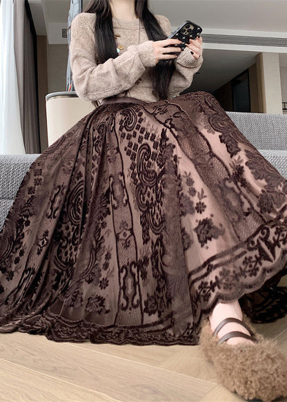French Coffee Lace Elastic Waist Silk Velvet Skirts Winter