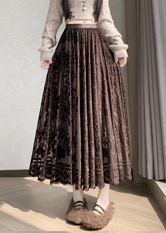French Coffee Lace Elastic Waist Silk Velvet Skirts Winter