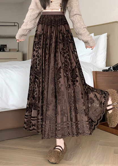 French Coffee Lace Elastic Waist Silk Velvet Skirts Winter