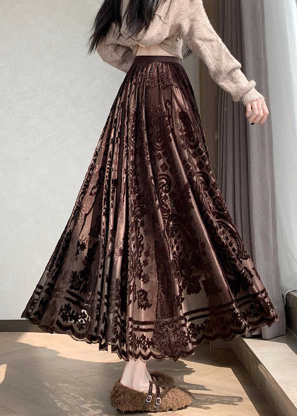 French Coffee Lace Elastic Waist Silk Velvet Skirts Winter