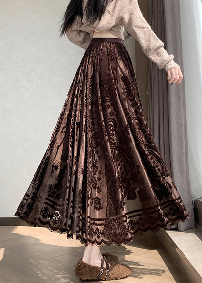 French Coffee Lace Elastic Waist Silk Velvet Skirts Winter