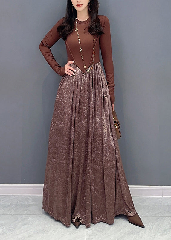 French Coffee O Neck Wrinkled Patchwork Velour Dresses Fall