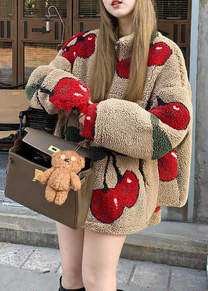 French Coffee Oversized Cherry Print Teddy Coats Winter