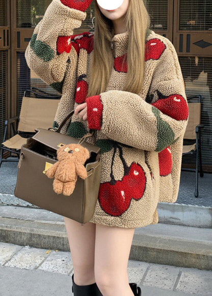 French Coffee Oversized Cherry Print Teddy Coats Winter