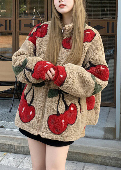 French Coffee Oversized Cherry Print Teddy Coats Winter