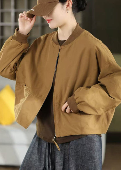 French Coffee Oversized Pockets Cotton Jackets Fall