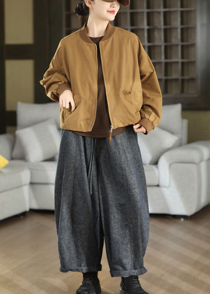 French Coffee Oversized Pockets Cotton Jackets Fall