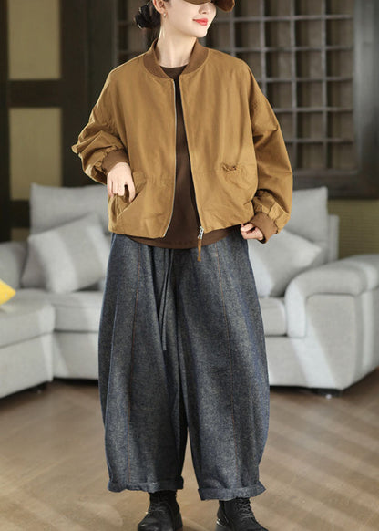 French Coffee Oversized Pockets Cotton Jackets Fall