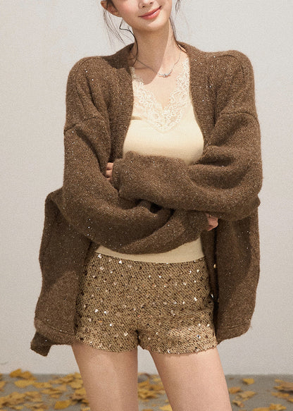 French Coffee Oversized Sequins Knit Cardigans Fall