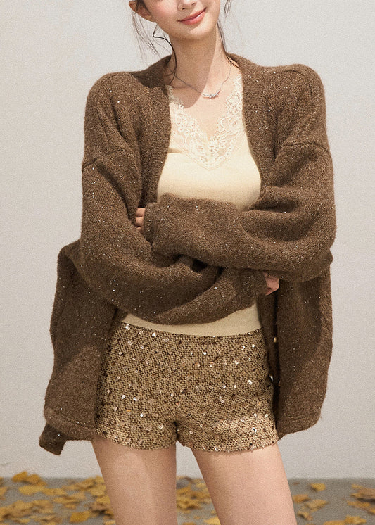 French Coffee Oversized Sequins Knit Cardigans Fall