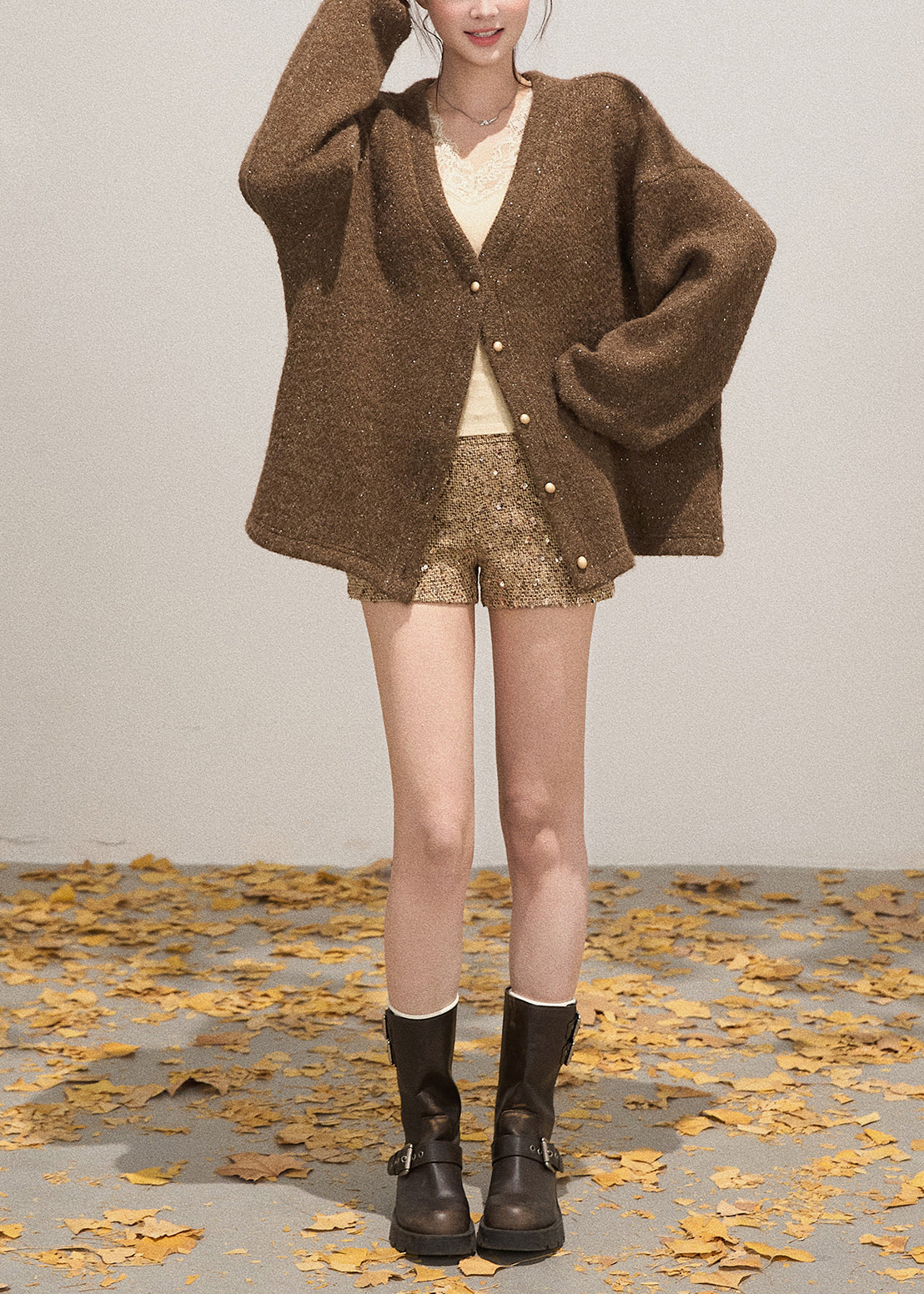 French Coffee Oversized Sequins Knit Cardigans Fall