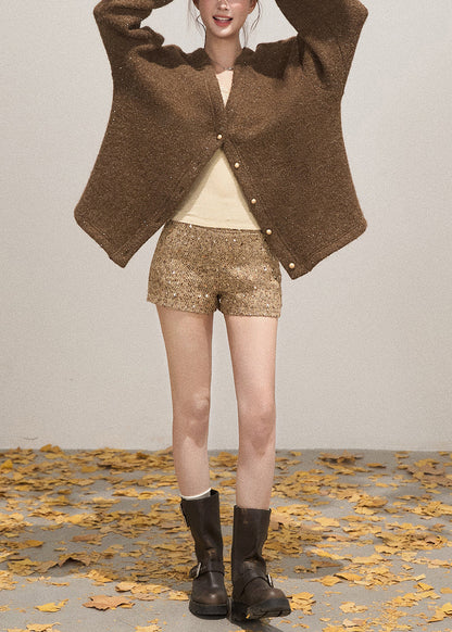 French Coffee Oversized Sequins Knit Cardigans Fall