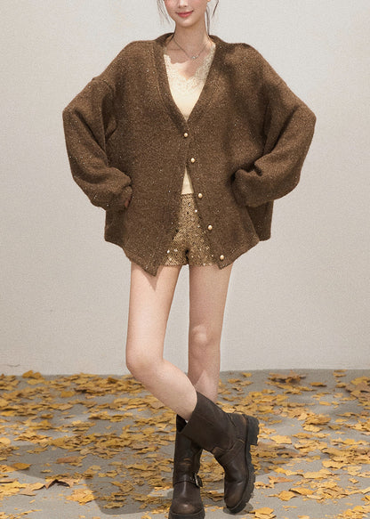 French Coffee Oversized Sequins Knit Cardigans Fall