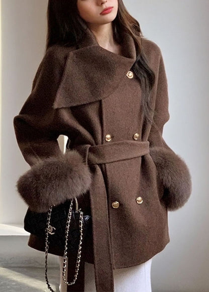 French Coffee Peter Pan Collar Pockets Woolen Coats Long Sleeve