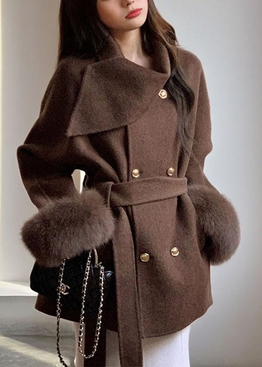 French Coffee Peter Pan Collar Pockets Woolen Coats Long Sleeve