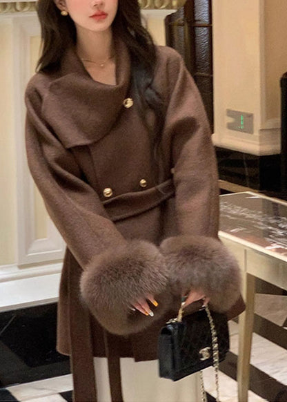 French Coffee Peter Pan Collar Pockets Woolen Coats Long Sleeve