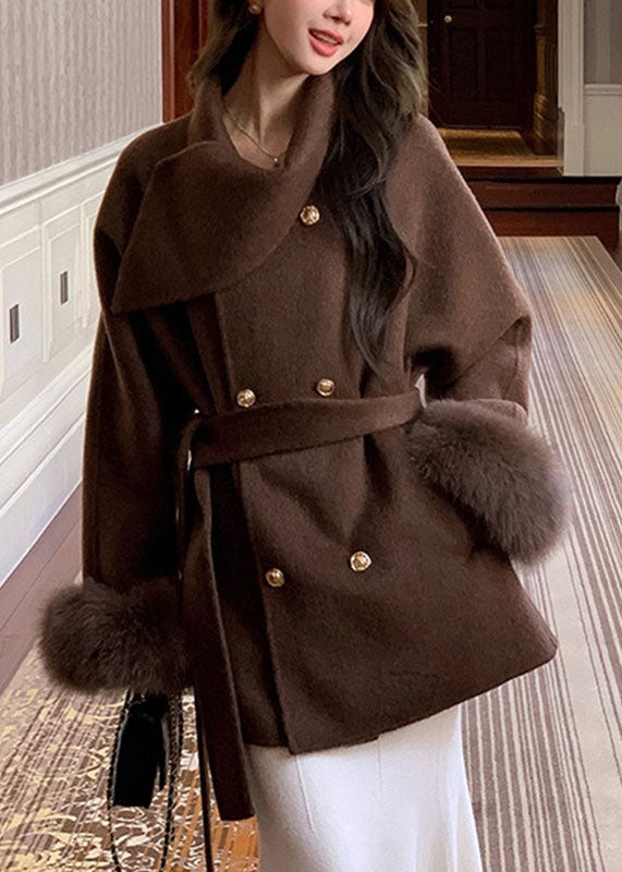 French Coffee Peter Pan Collar Pockets Woolen Coats Long Sleeve