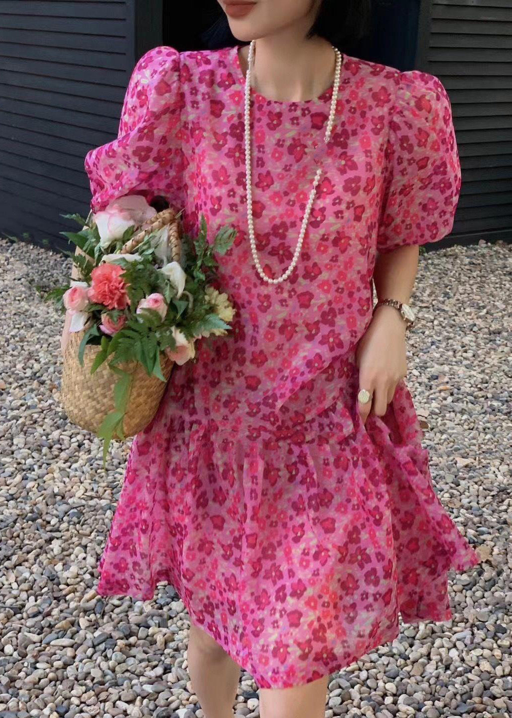 French Coffee Print Lace Up Chiffon Dress Puff Sleeve