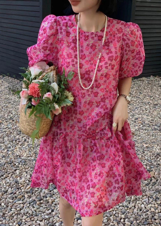 French Coffee Print Lace Up Chiffon Dress Puff Sleeve