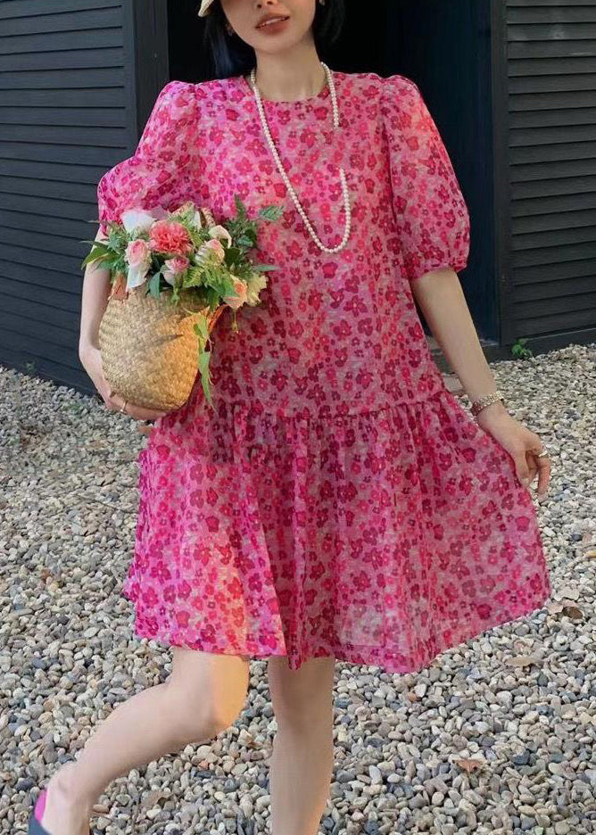 French Coffee Print Lace Up Chiffon Dress Puff Sleeve