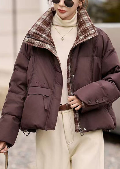 French Coffee Stand Collar Patchwork Plaid Duck Down Jacket Winter