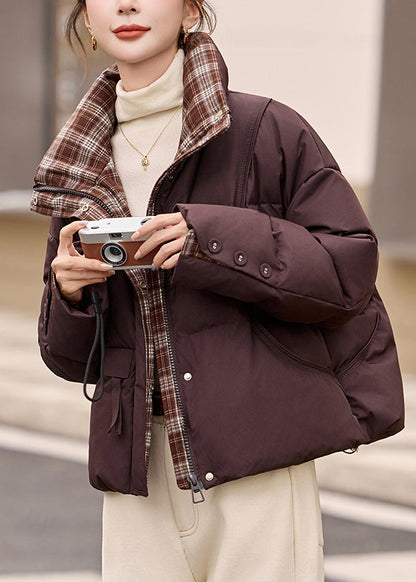 French Coffee Stand Collar Patchwork Plaid Duck Down Jacket Winter