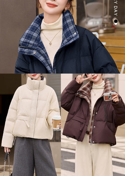 French Coffee Stand Collar Patchwork Plaid Duck Down Jacket Winter