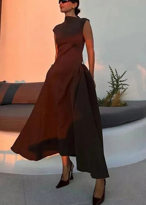 French Coffee Turtleneck High Waist Solid Cotton Long Dress Sleeveless