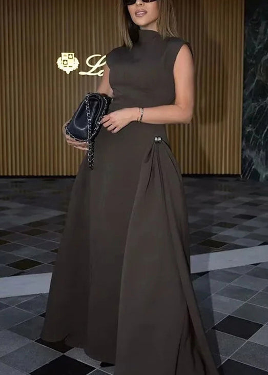 French Coffee Turtleneck High Waist Solid Cotton Long Dress Sleeveless