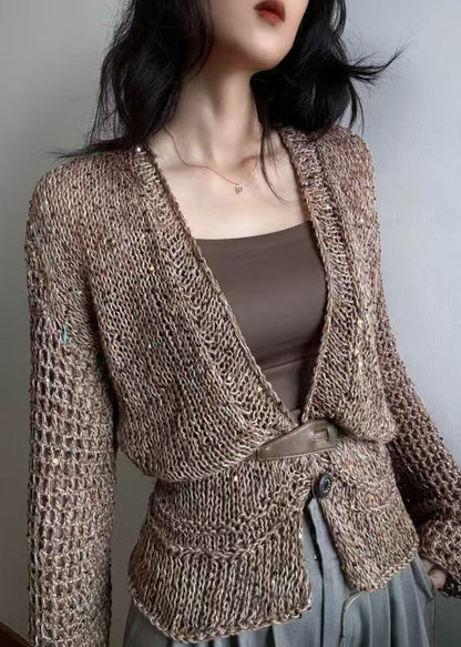 French Coffee V Neck Button Hollow Out Knit Cardigans Fall