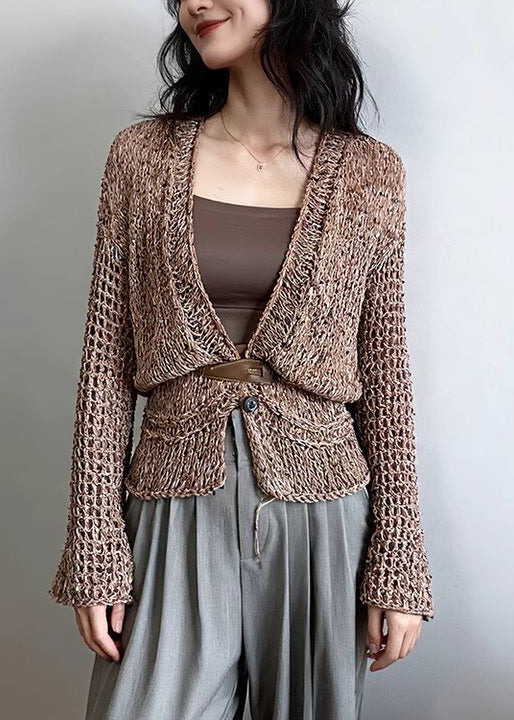 French Coffee V Neck Button Hollow Out Knit Cardigans Fall