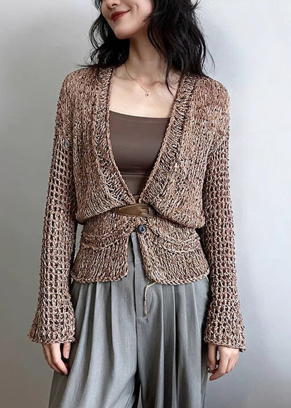 French Coffee V Neck Button Hollow Out Knit Cardigans Fall