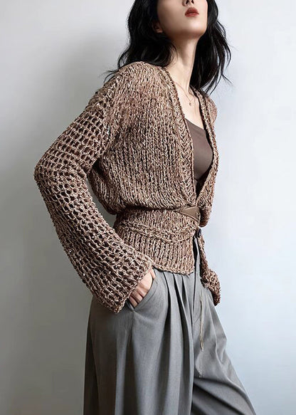 French Coffee V Neck Button Hollow Out Knit Cardigans Fall