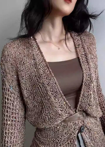 French Coffee V Neck Button Hollow Out Knit Cardigans Fall