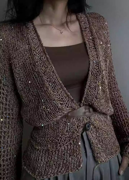 French Coffee V Neck Button Hollow Out Knit Cardigans Fall