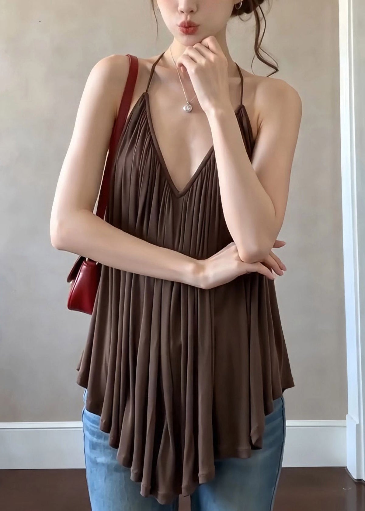 French Coffee V Neck Halter Wrinkled Solid Vest Sleeveless